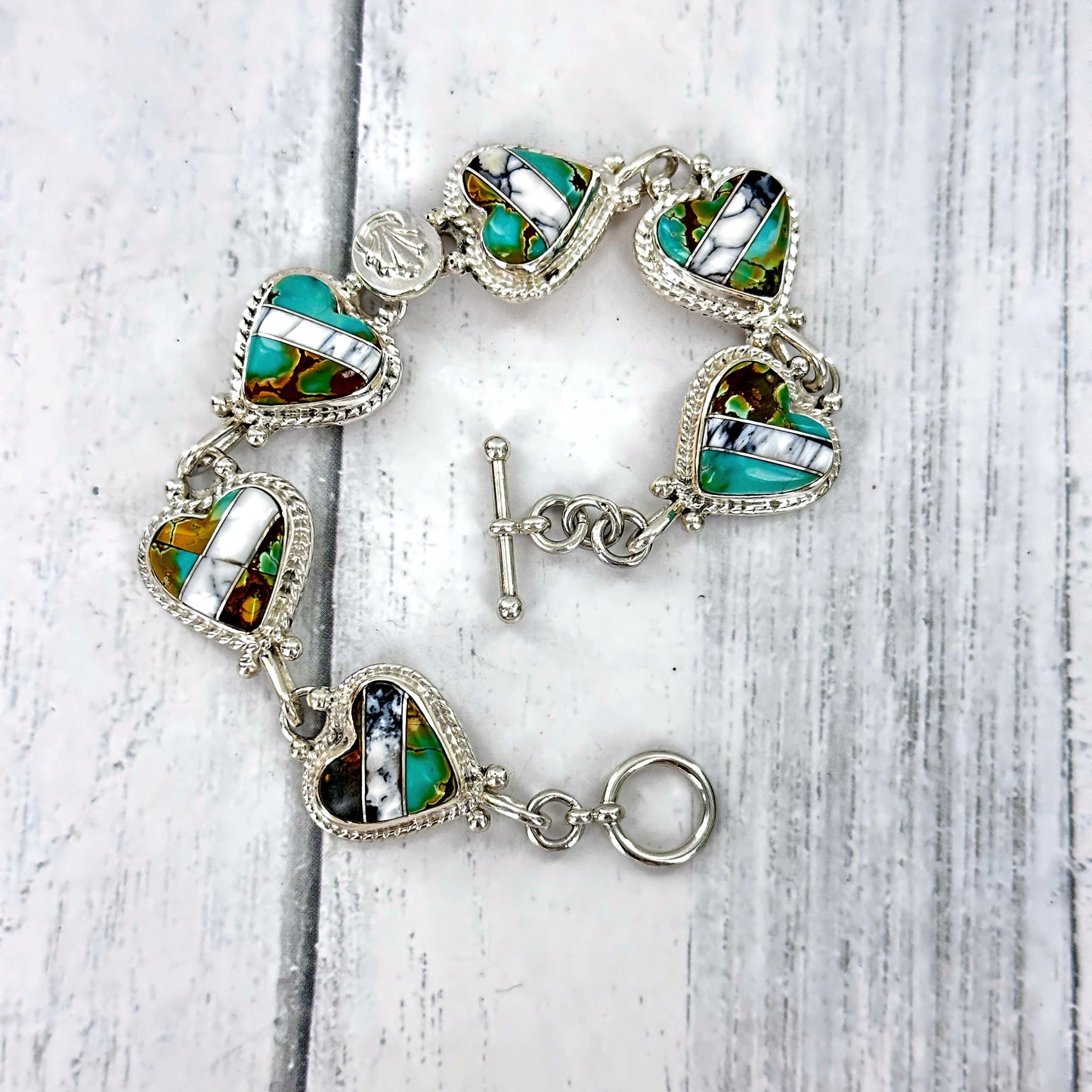 Heart Link Bracelet with Iron Maiden turquoise & White Buffalo