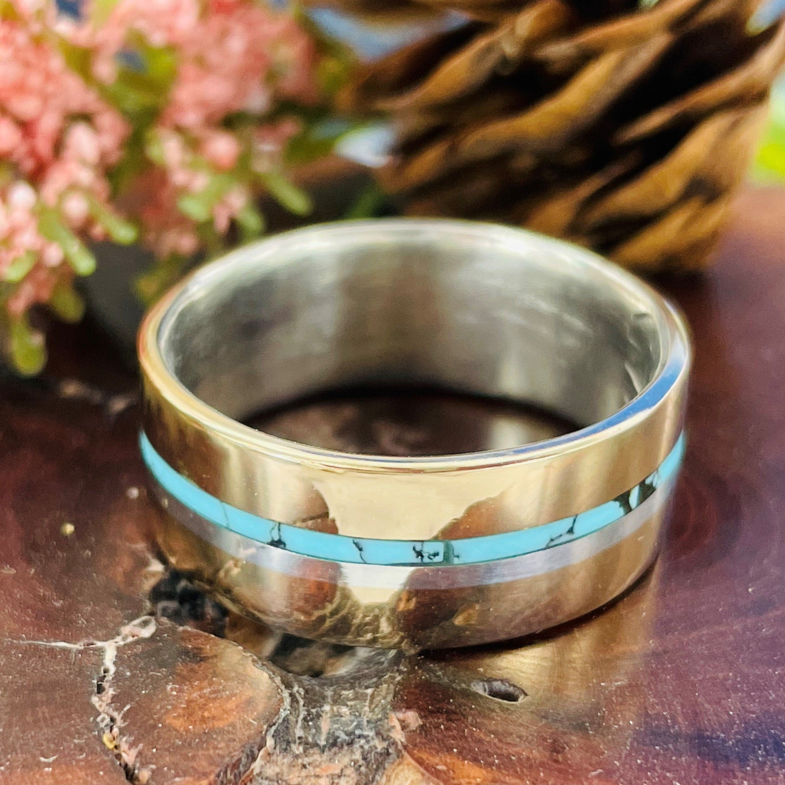 Turquoise inlay mens sales wedding band