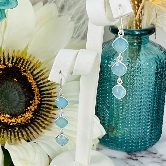Aqua Blue Chalcedony Drop Earrings