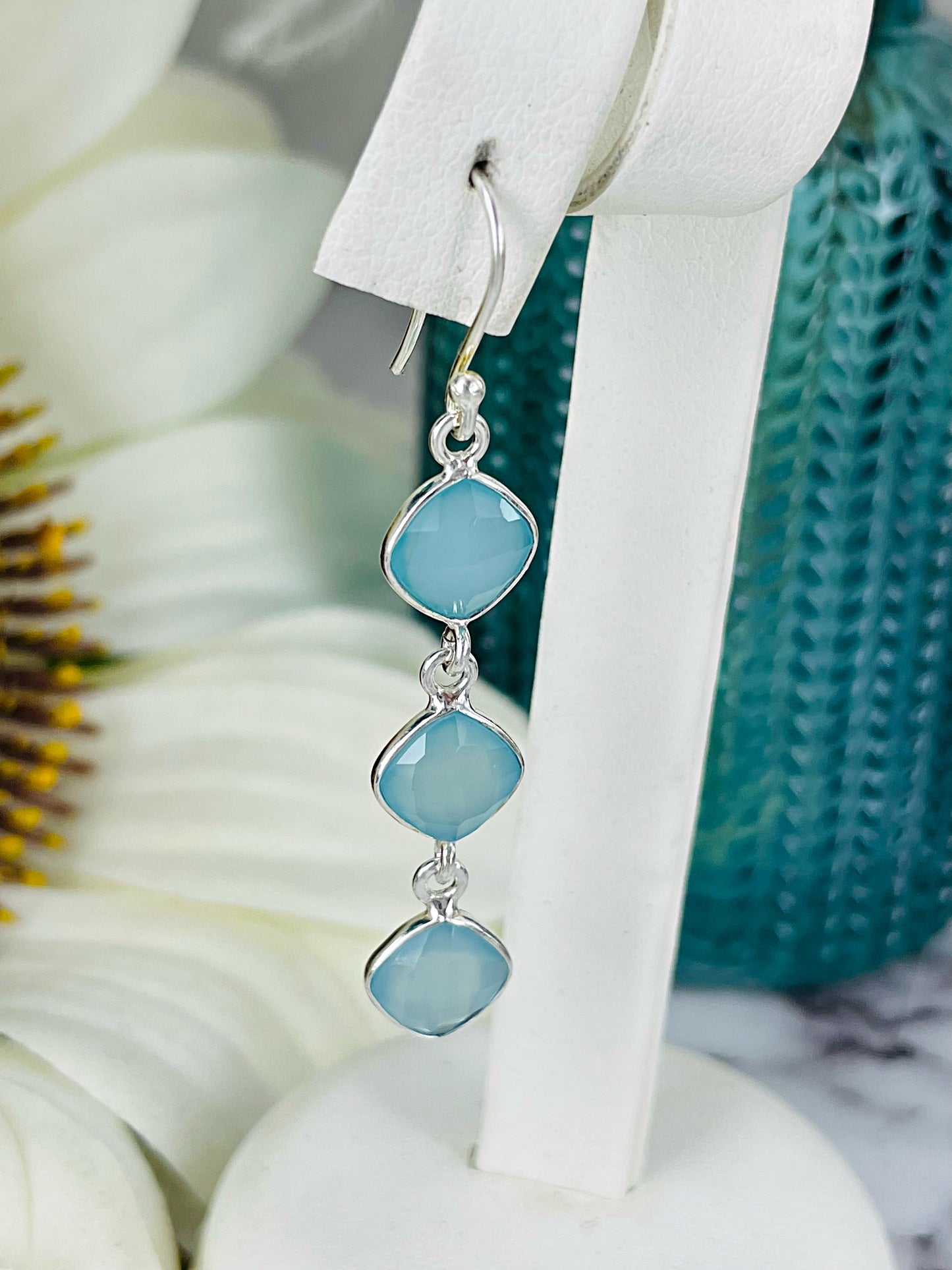 Aqua Blue Chalcedony Drop Earrings