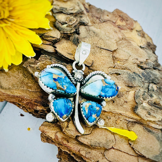 Blue Dahlia Butterfly Pendant