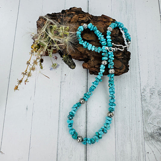 White Water Turquoise Nugget Necklace with Stamped Beads