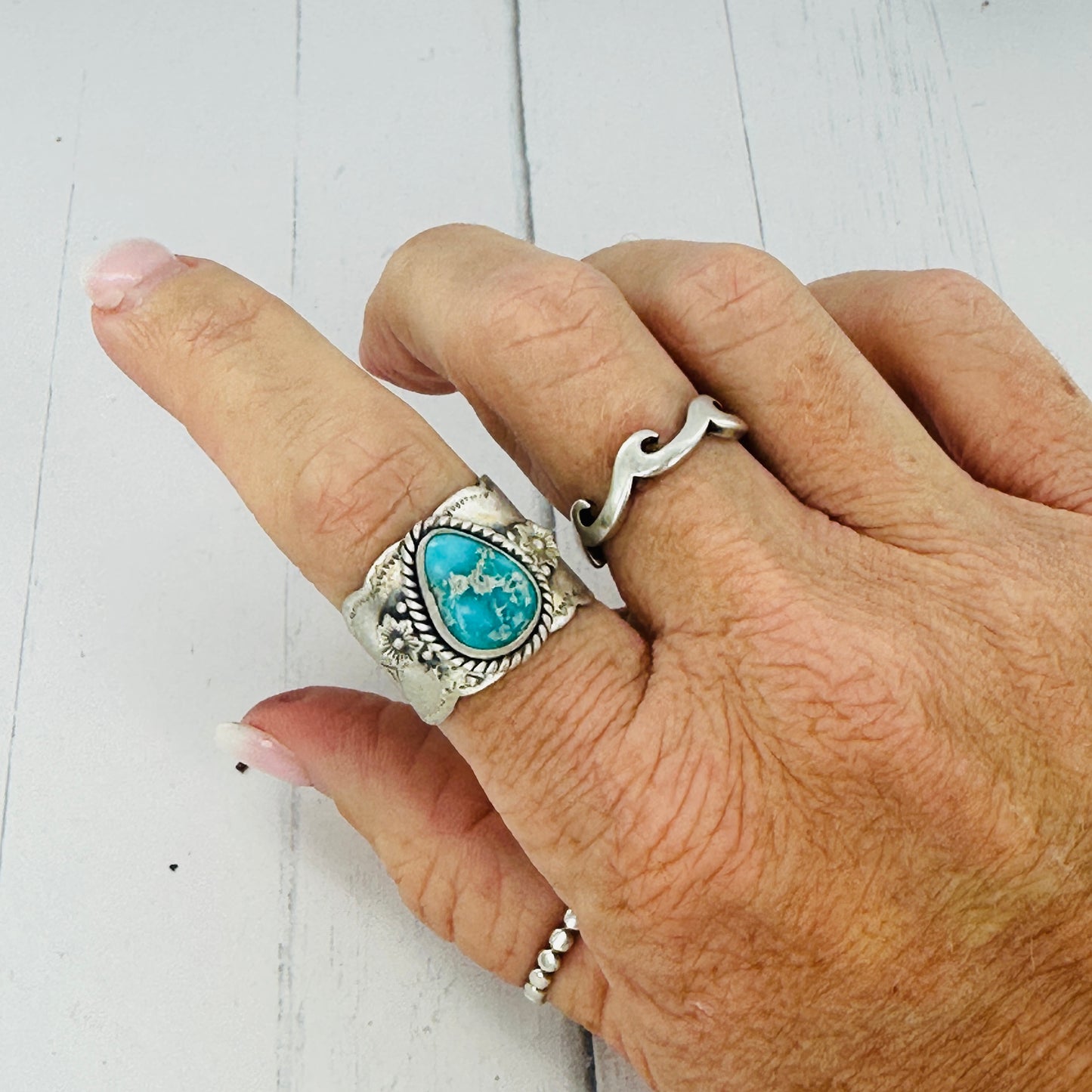 White Water Turquoise Cigar Band Ring {Size 8}