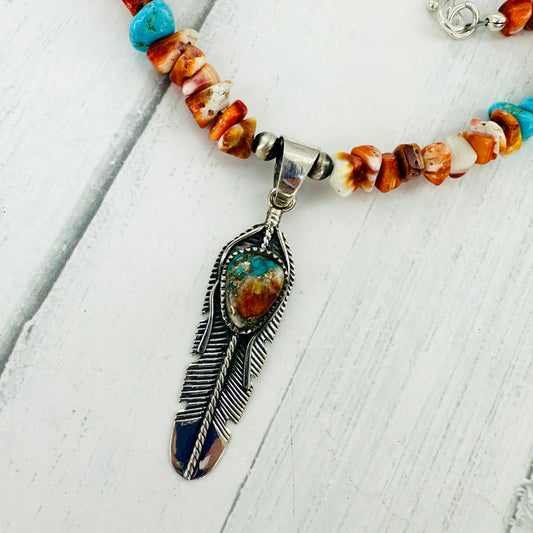 Spiny Oyster & Turquoise Feather Necklace