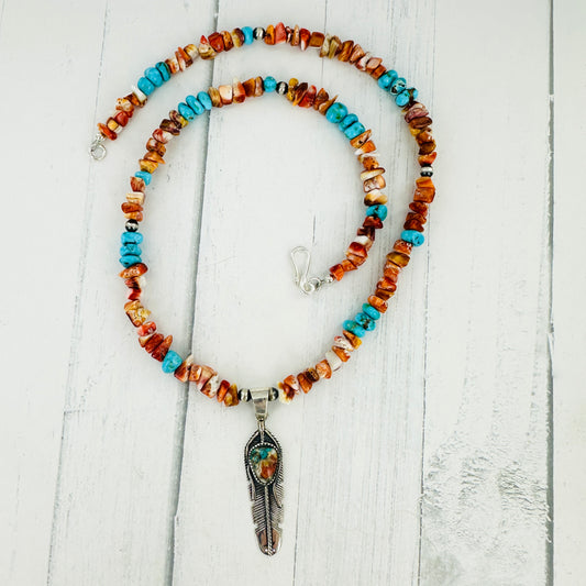 Spiny Oyster & Turquoise Feather Necklace