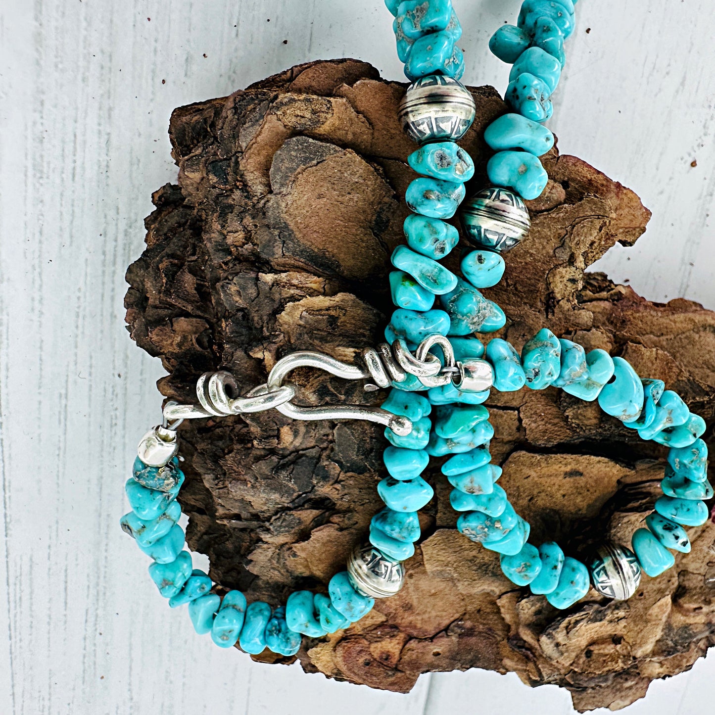 White Water Turquoise Nugget Necklace with Stamped Beads