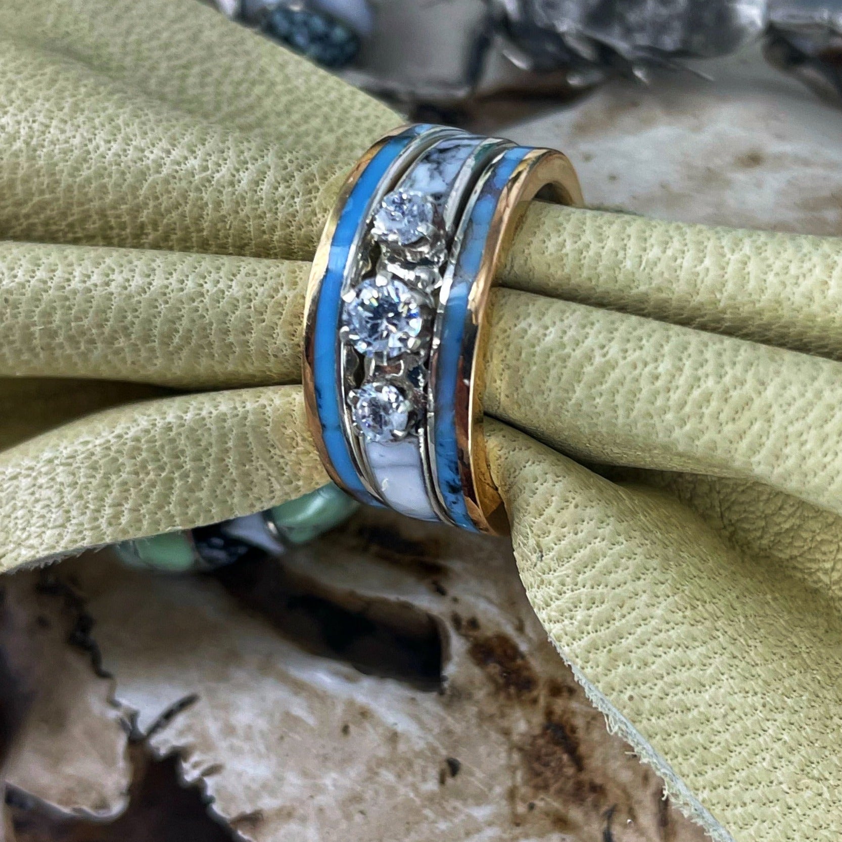 White gold and turquoise wedding deals band