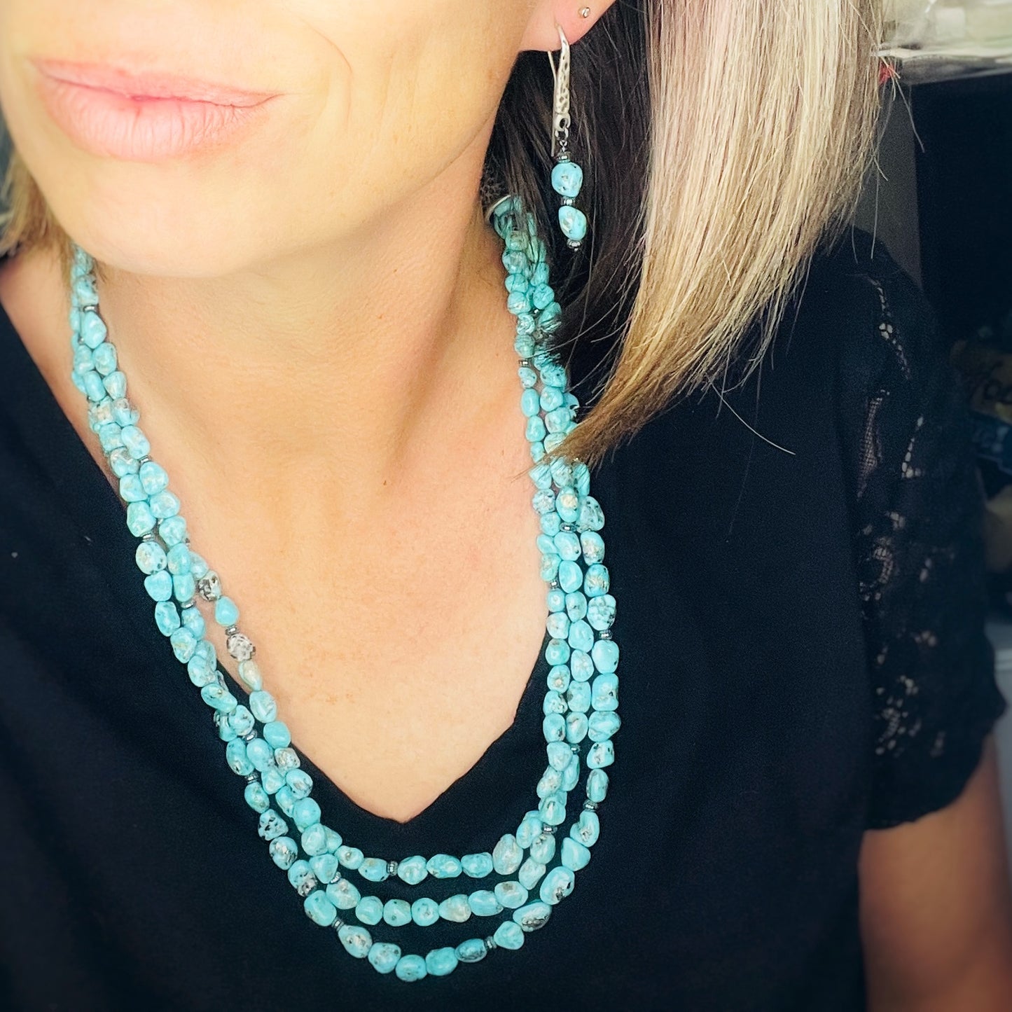 Deep Waters: 3 strand turquoise nugget necklace & earring set