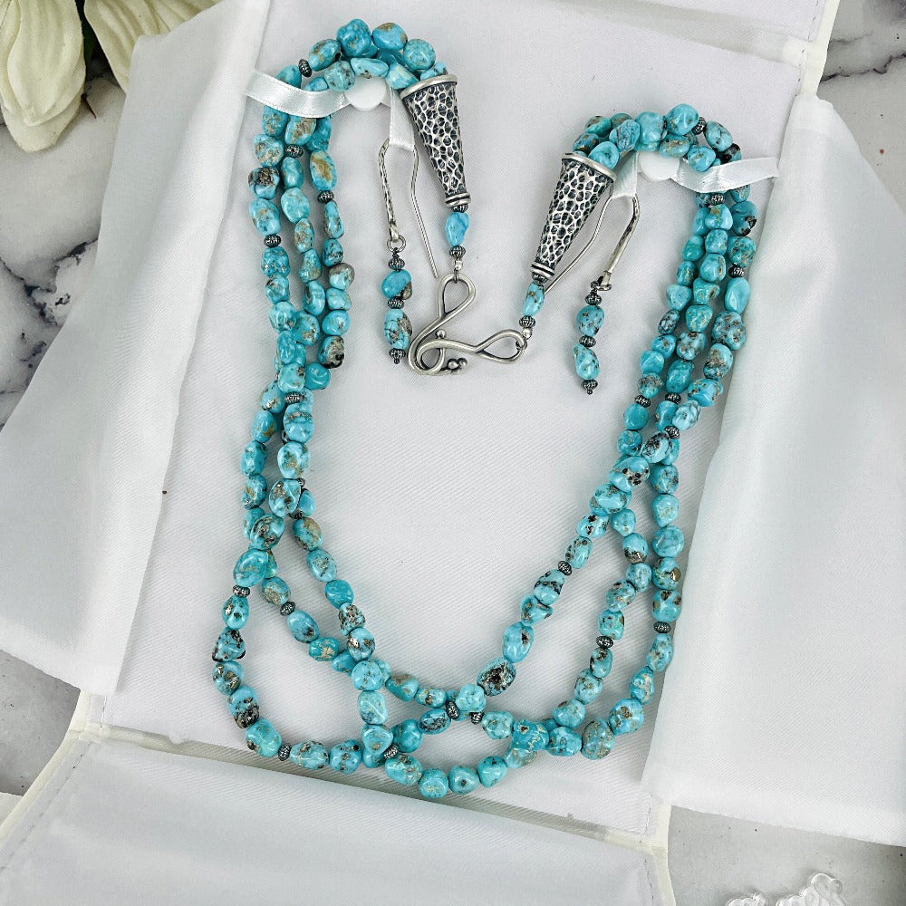 Deep Waters: 3 strand turquoise nugget necklace & earring set